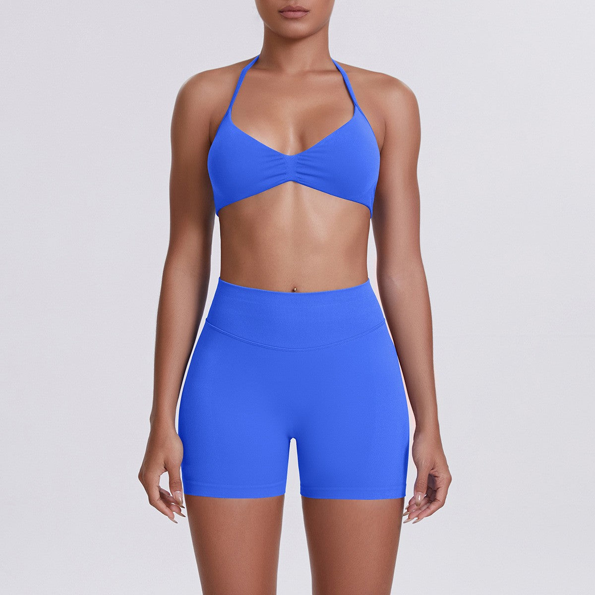Seamless Halter Bra and Biker Shorts Workout Set - Electric Blue