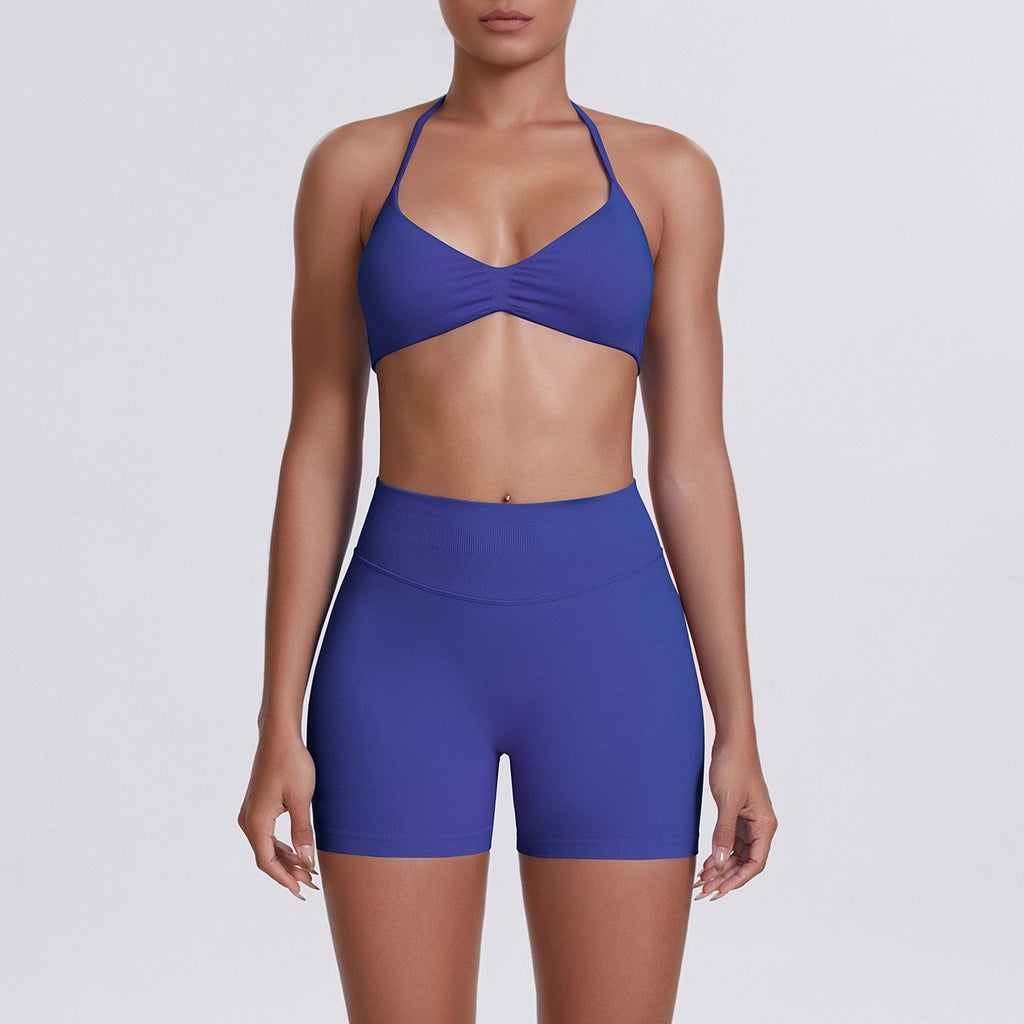 Seamless Halter Bra and Biker Shorts Workout Set - Indigo