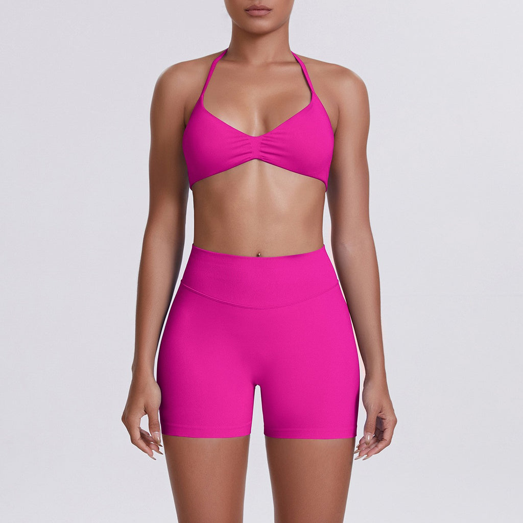 Seamless Halter Bra and Biker Shorts Workout Set - Magenta