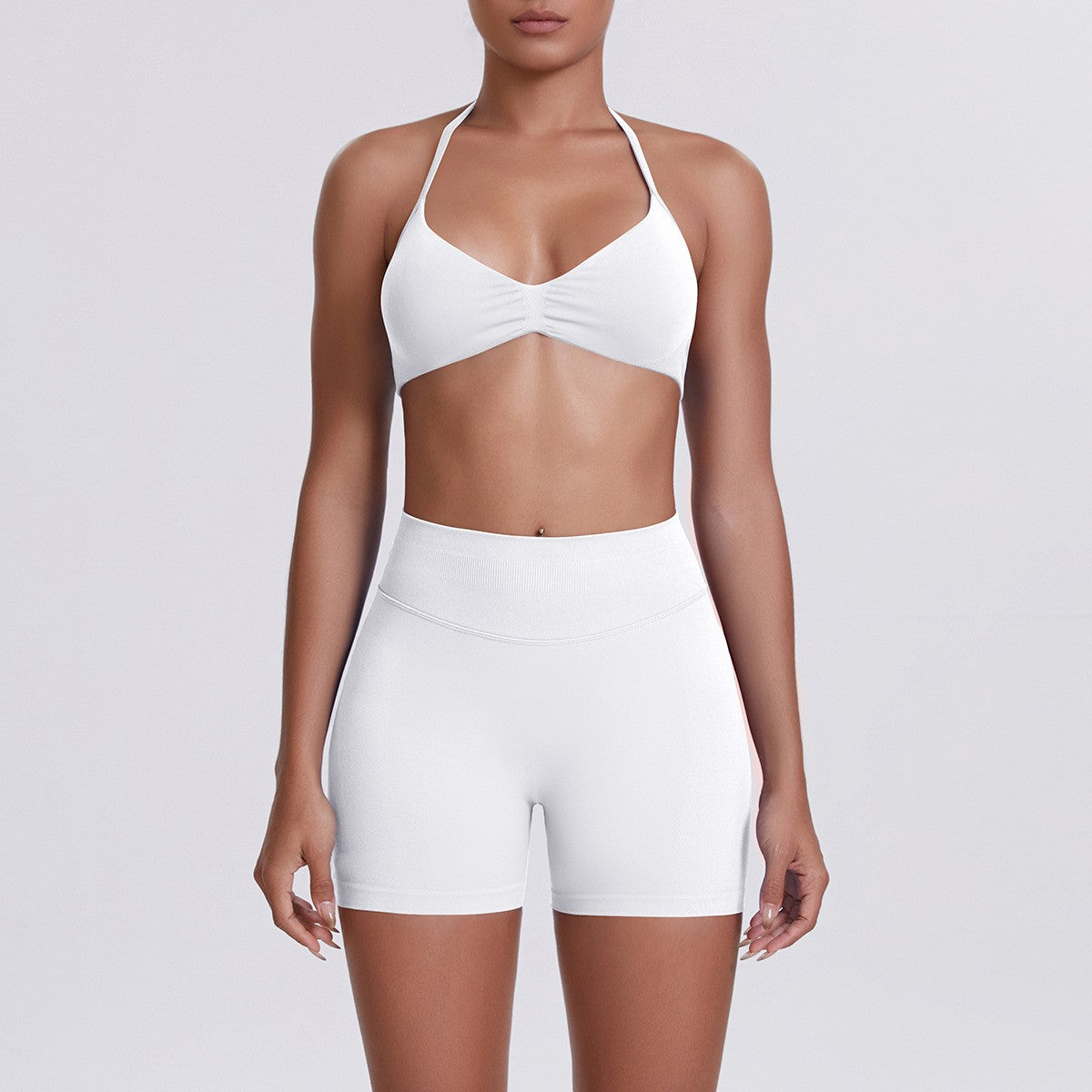Seamless Halter Bra and Biker Shorts Workout Set - Off White