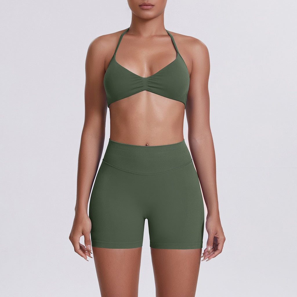 Seamless Halter Bra and Biker Shorts Workout Set - Olive