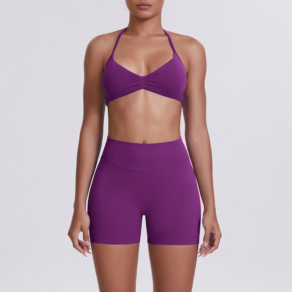 Seamless Halter Bra and Biker Shorts Workout Set - Plum