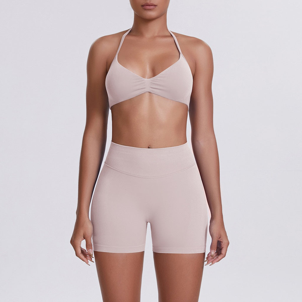 Seamless Halter Bra and Biker Shorts Workout Set - Porcelain Pink