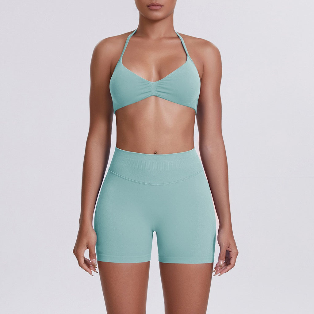 Seamless Halter Bra and Biker Shorts Workout Set - Sage Green
