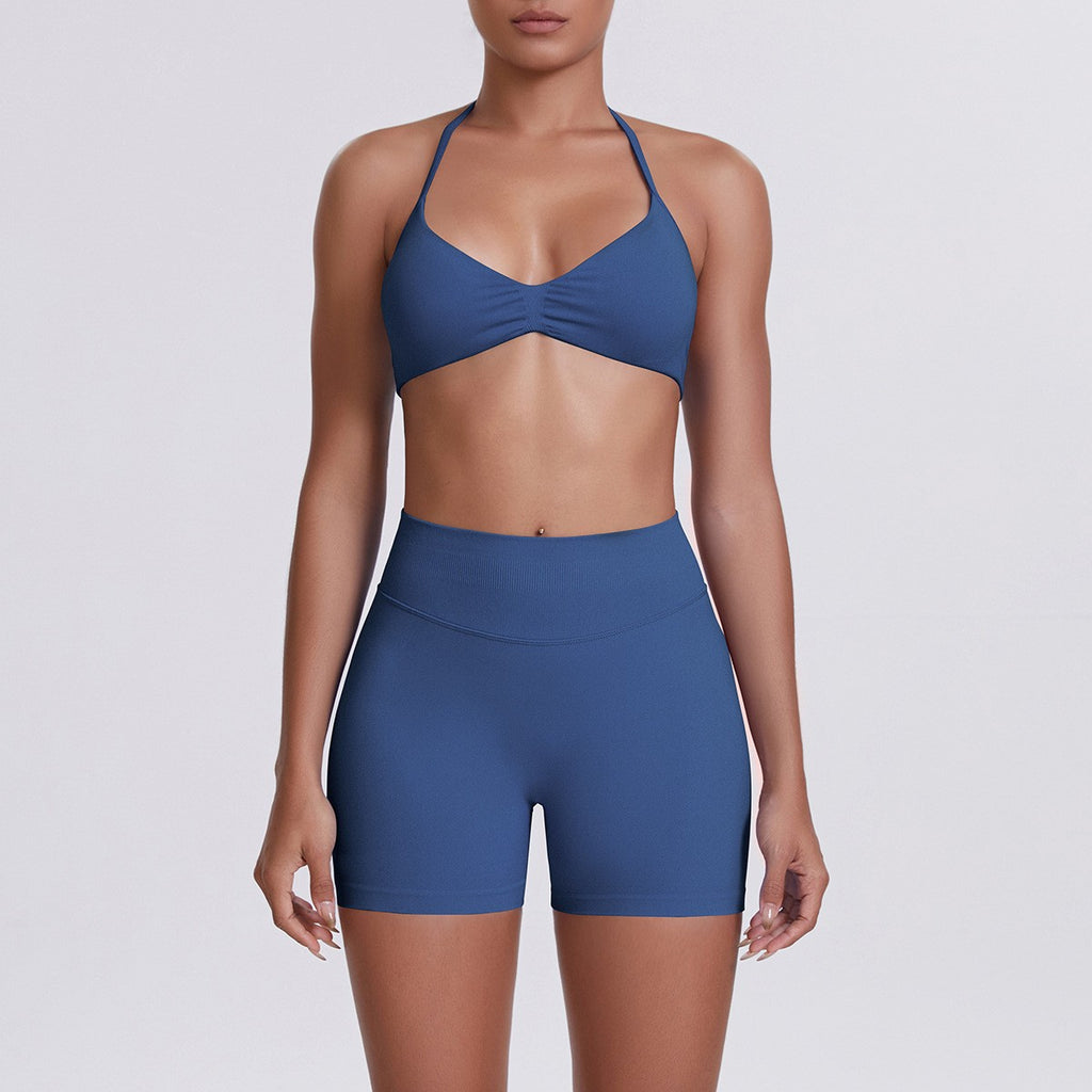 Seamless Halter Bra and Biker Shorts Workout Set - Slate Blue