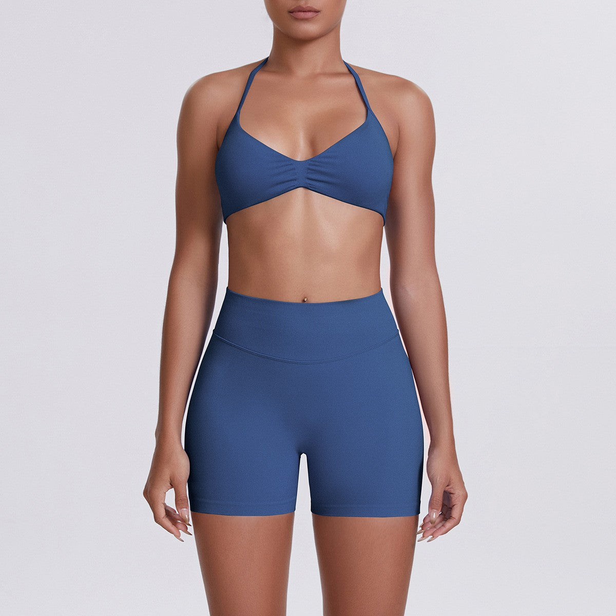 Seamless Halter Bra and Biker Shorts Workout Set - Slate Blue
