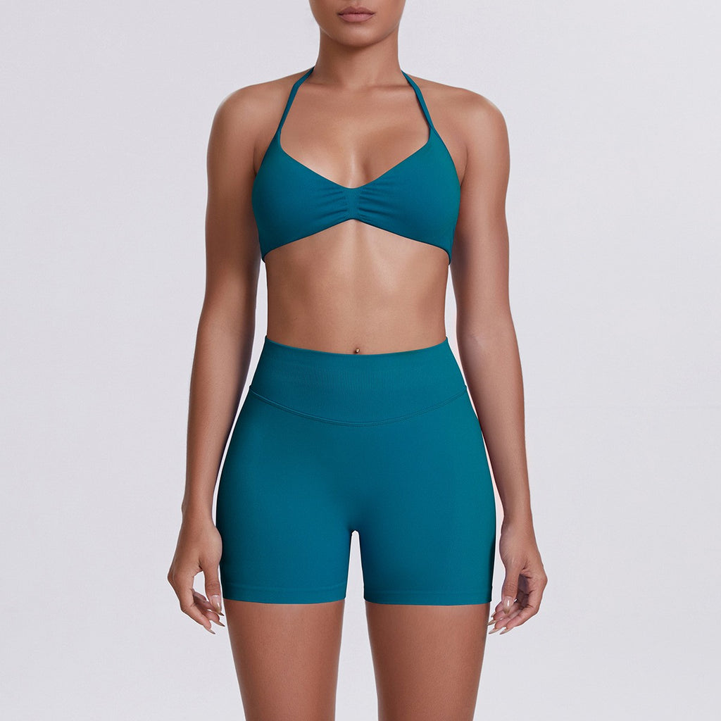 Seamless Halter Bra and Biker Shorts Workout Set - Teal