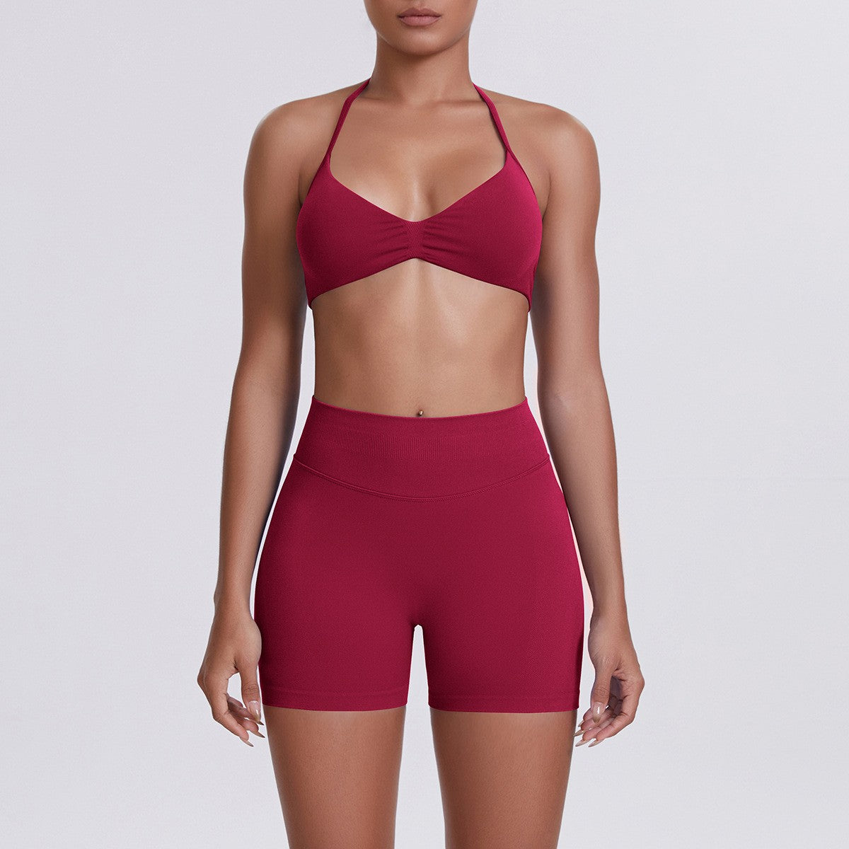 Seamless Halter Bra and Biker Shorts Workout Set - Wine