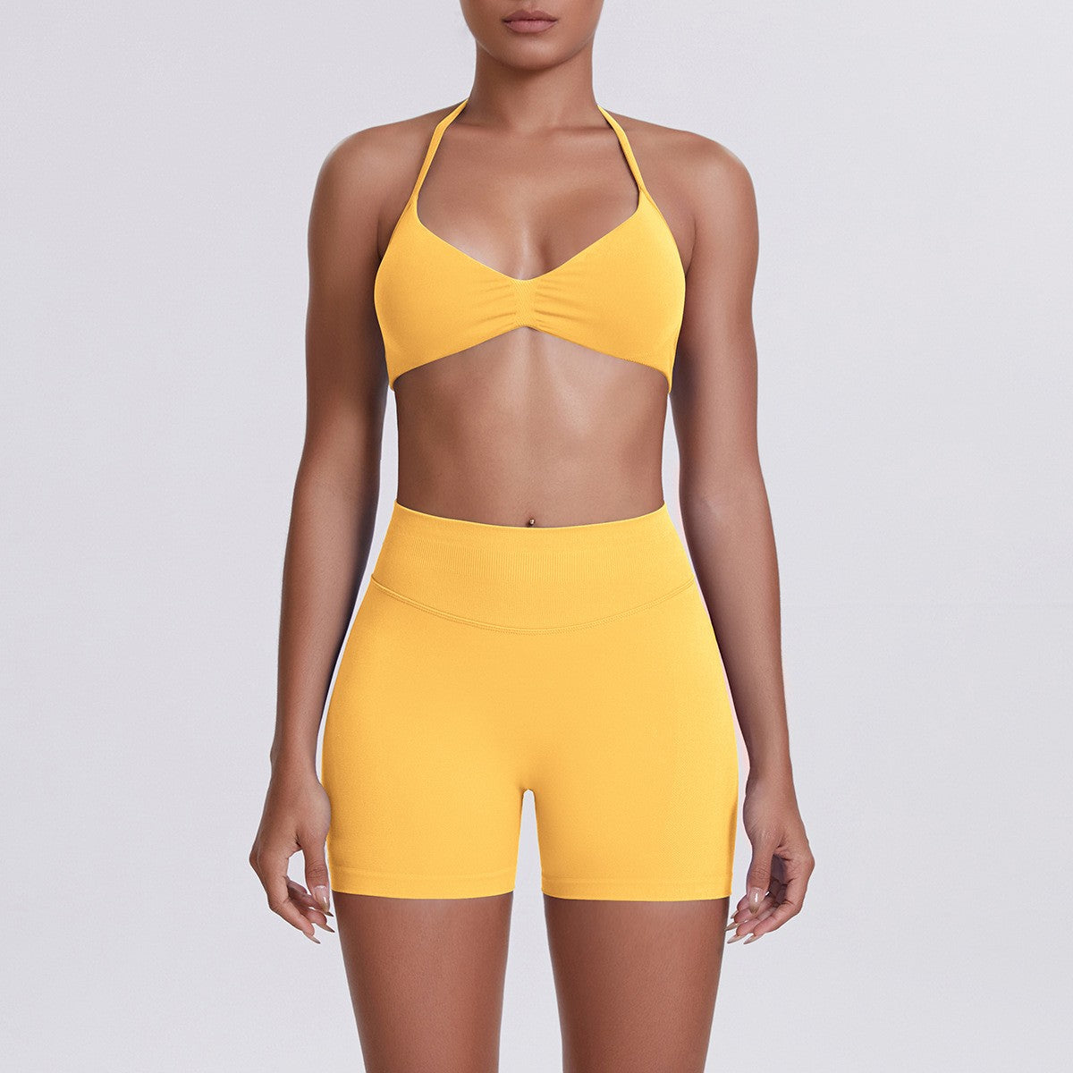 Seamless Halter Bra and Biker Shorts Workout Set - Yellow