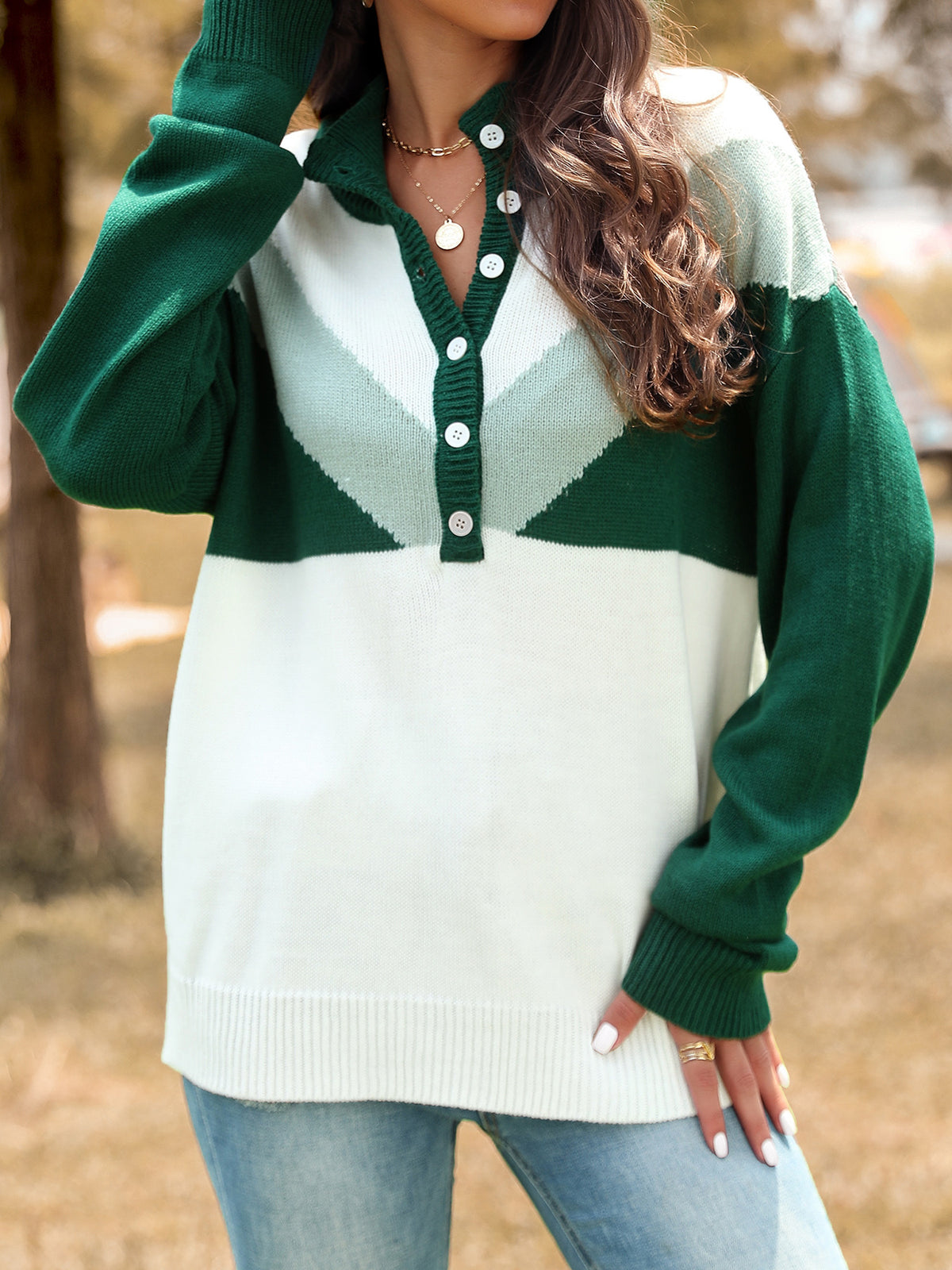 Chevron Colorblock Button Placket Knit Sweater