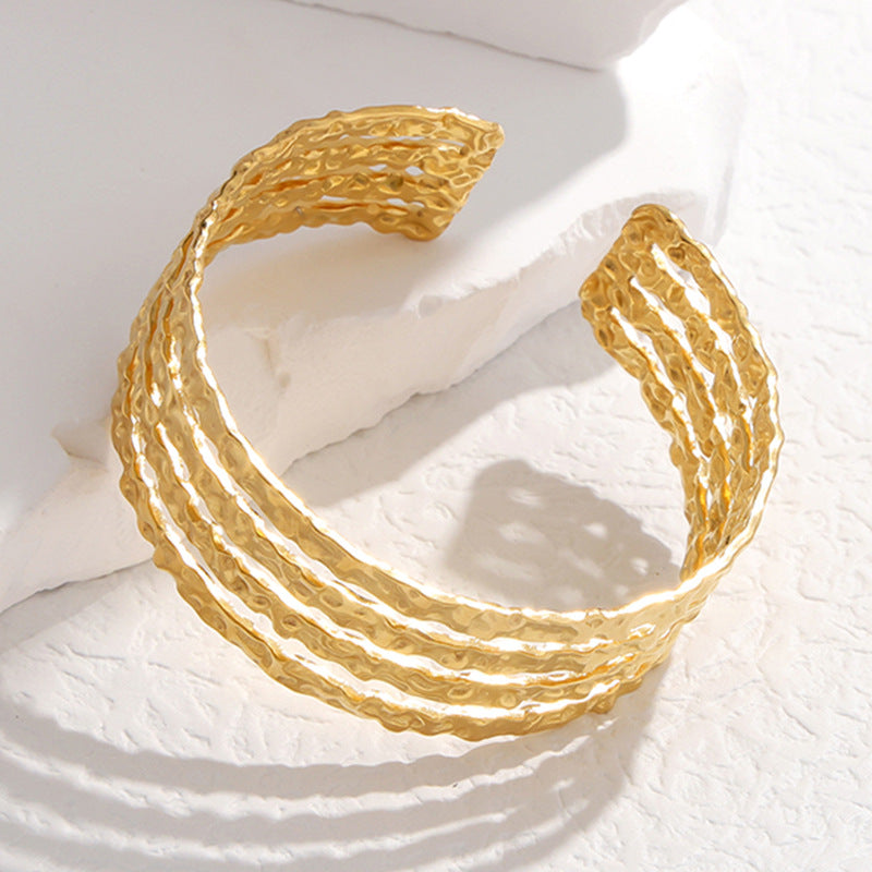 Hammered Four-Row Adjustable Open Cuff Bangle - Gold
