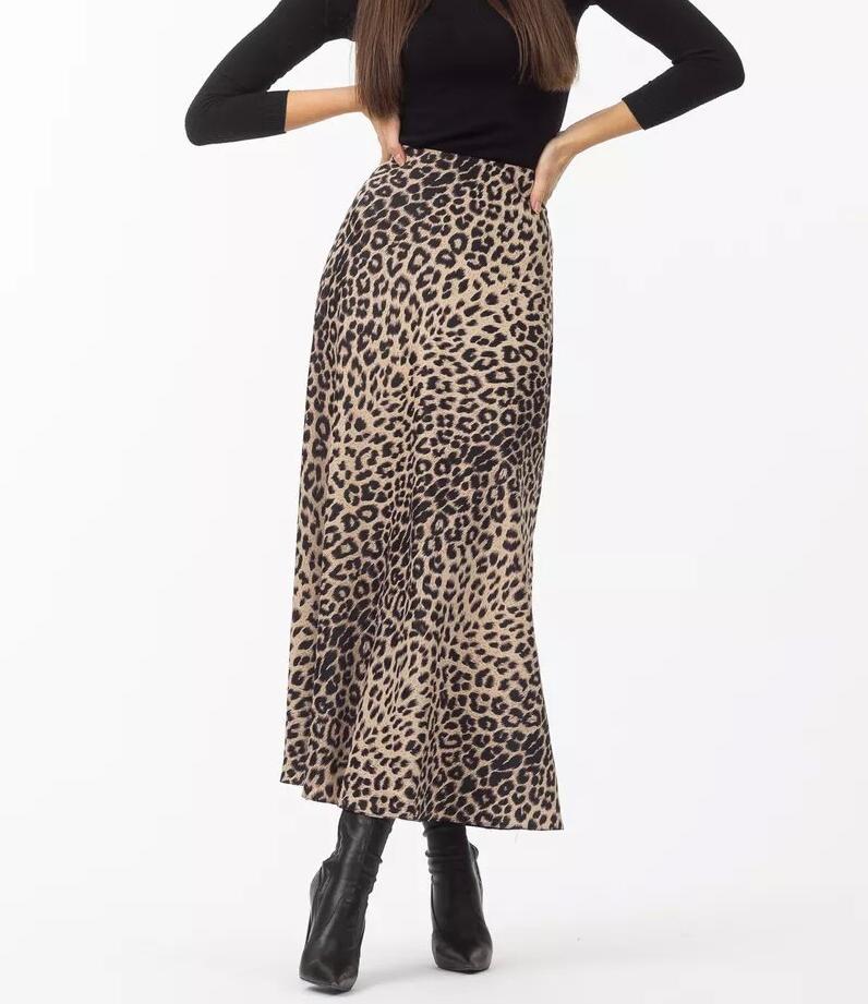 Leopard Print Satin Bias Maxi Skirt - Beige