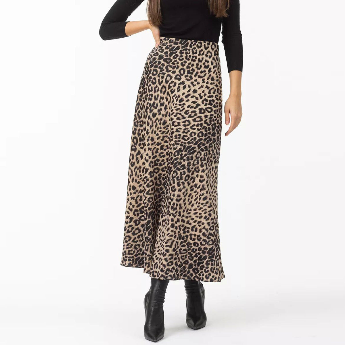 Leopard Print Satin Bias Maxi Skirt - Beige - 1