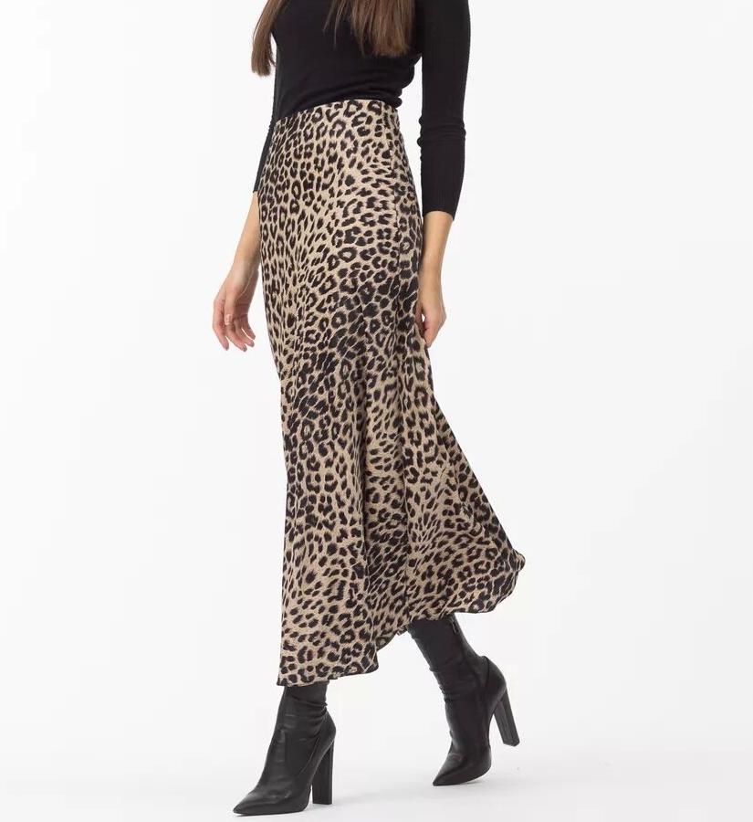 Leopard Print Satin Bias Maxi Skirt - Beige - 2