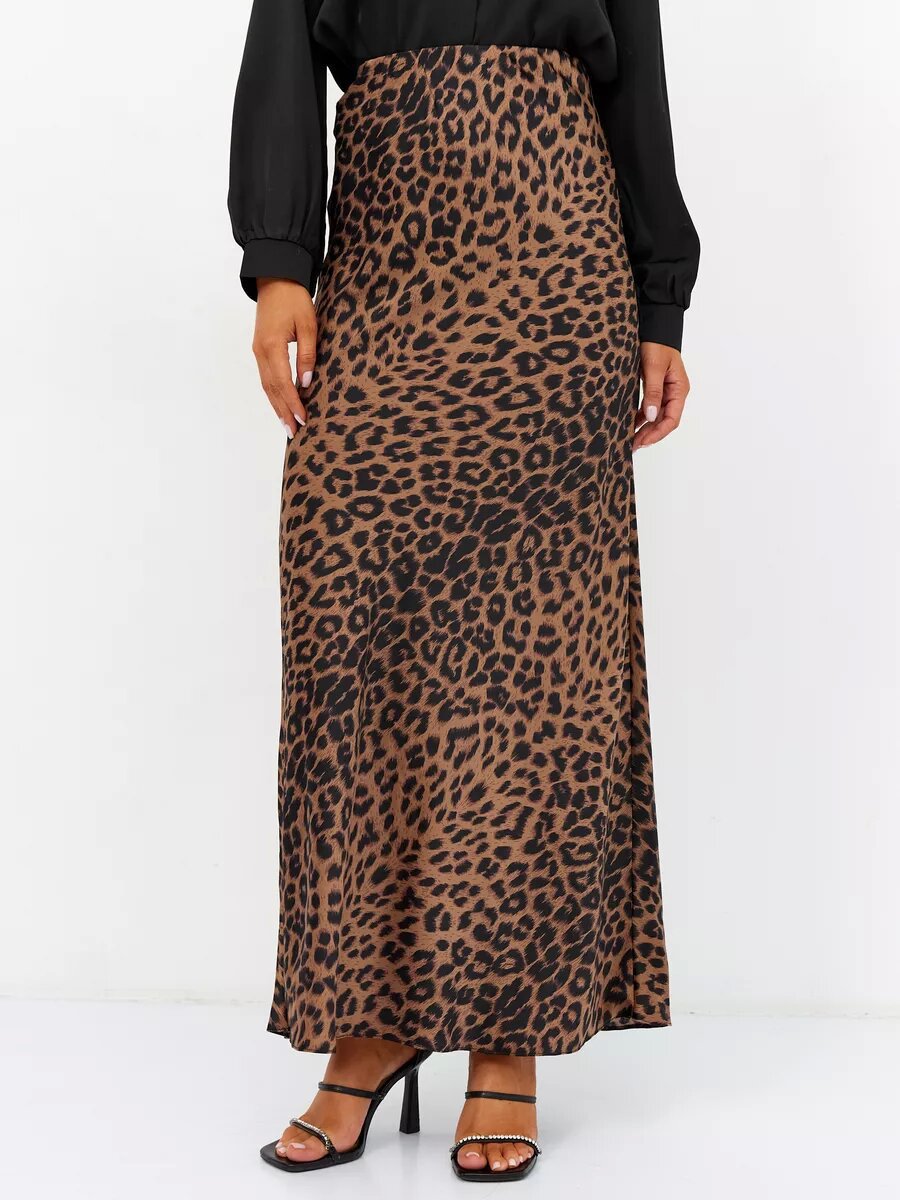 Leopard Print Satin Bias Maxi Skirt - Brown