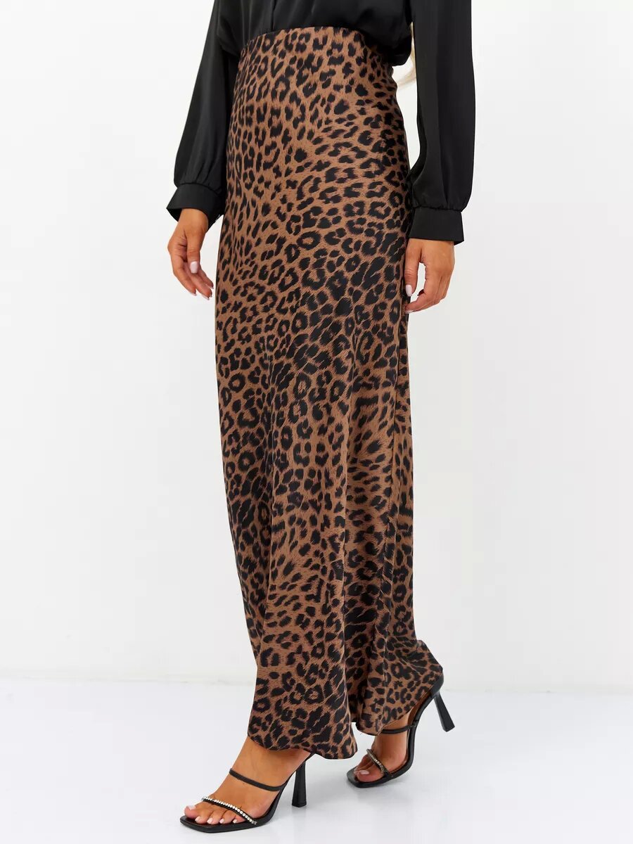 Leopard Print Satin Bias Maxi Skirt - Brown - 1