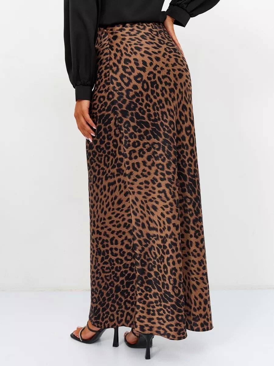Leopard Print Satin Bias Maxi Skirt - Brown - 2