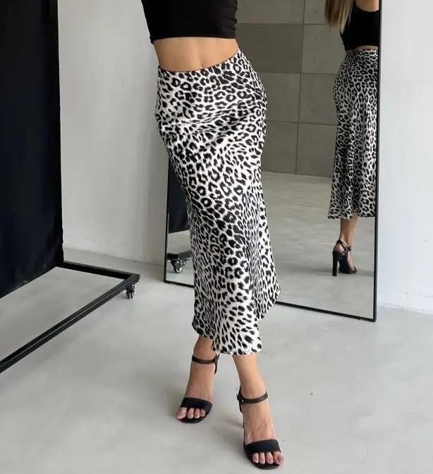 Leopard Print Satin Bias Maxi Skirt - White
