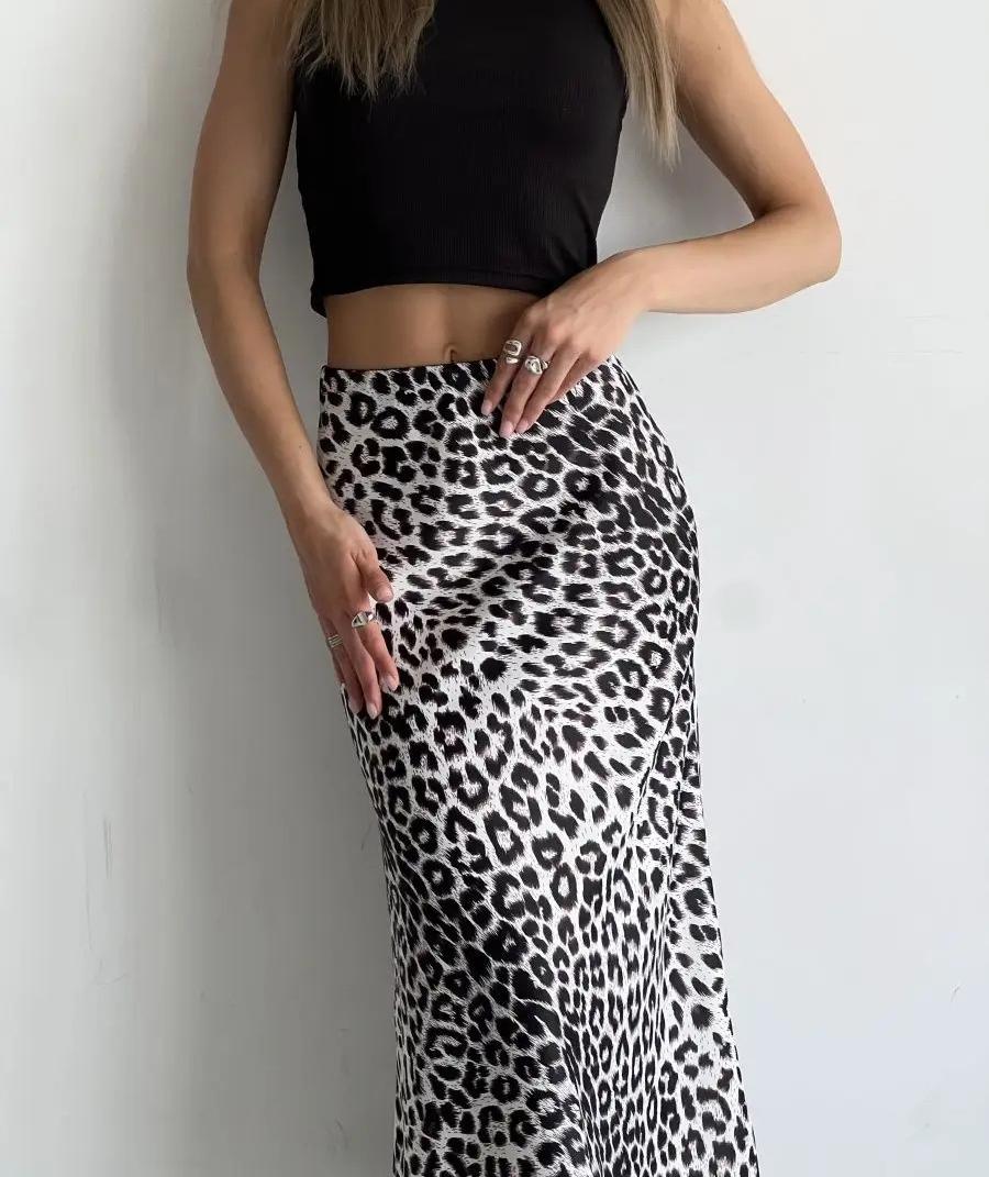 Leopard Print Satin Bias Maxi Skirt - White - 1