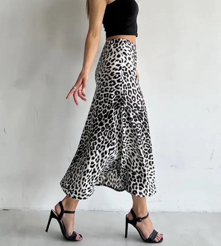 Leopard Print Satin Bias Maxi Skirt - White - 2