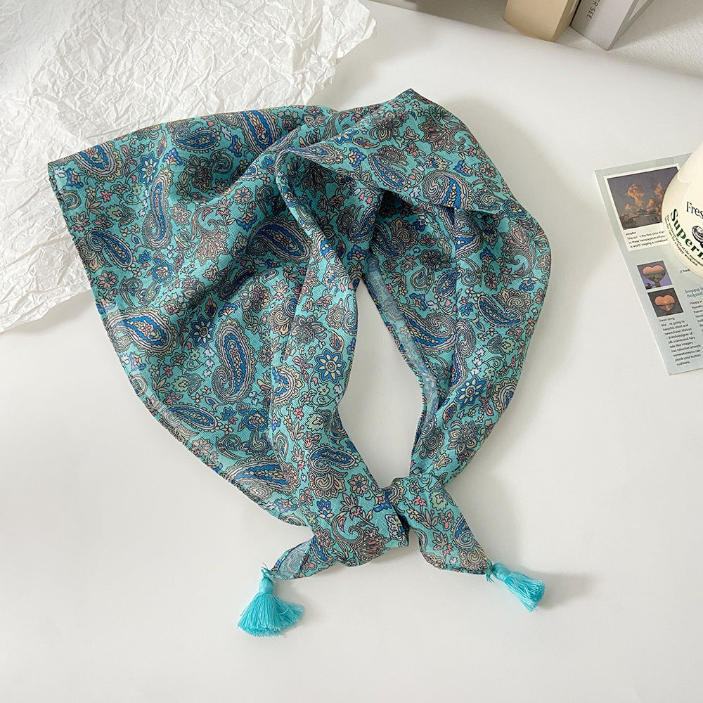 Tassel Trim Floral Bandana Head Scarf - C11