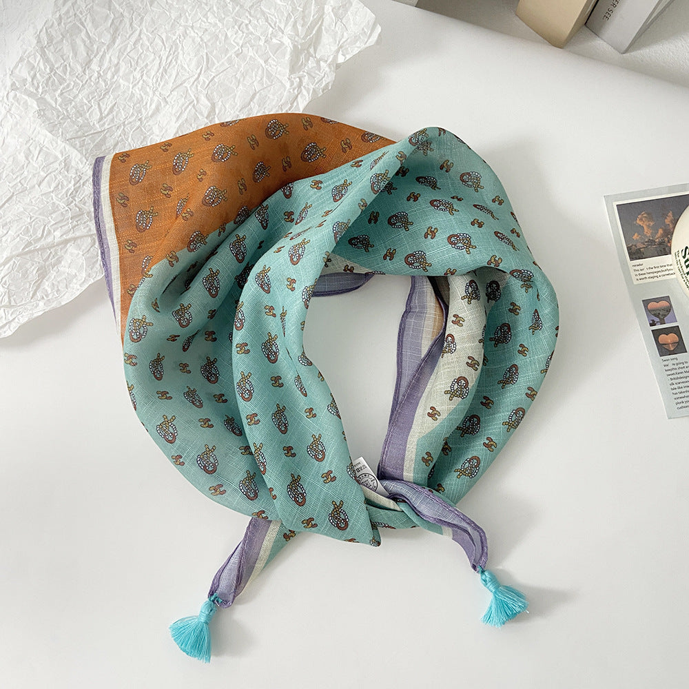 Tassel Trim Floral Bandana Head Scarf - C14