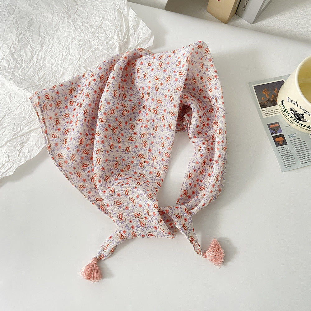 Tassel Trim Floral Bandana Head Scarf - C2