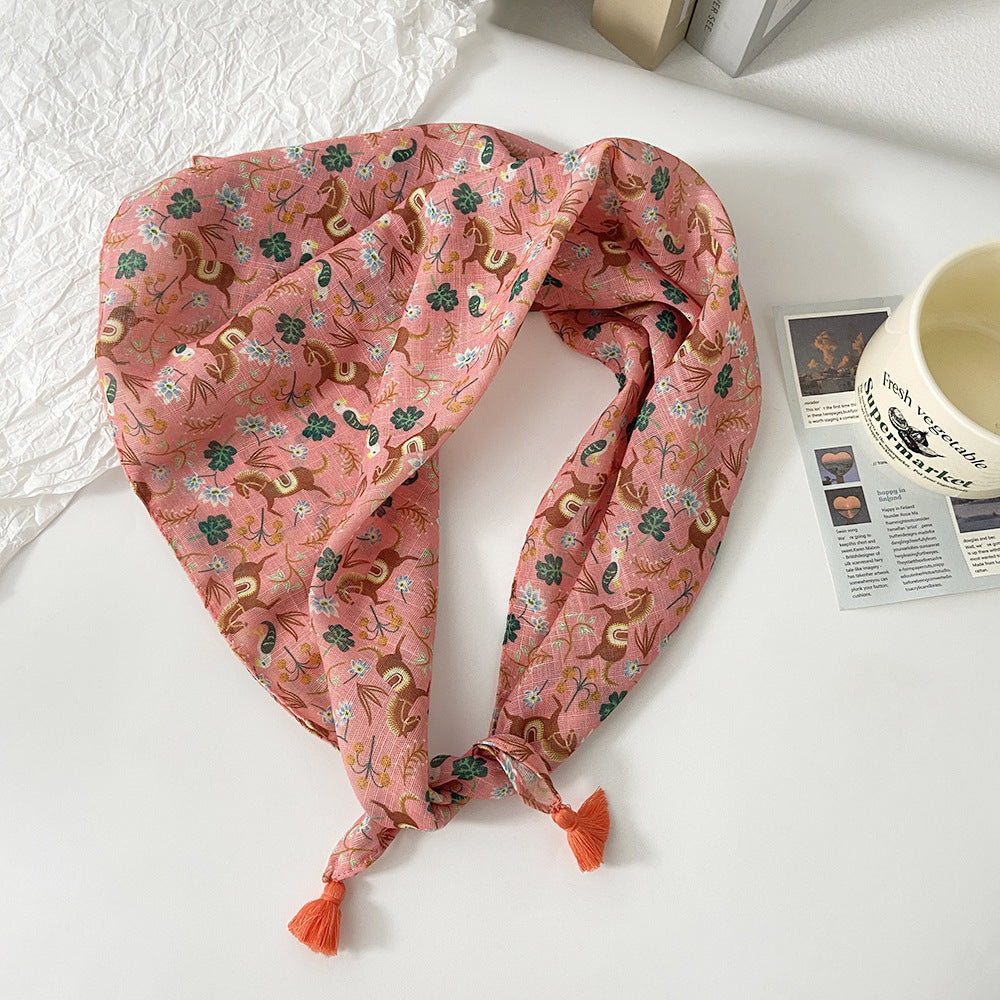 Tassel Trim Floral Bandana Head Scarf - C23