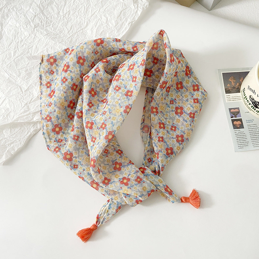 Tassel Trim Floral Bandana Head Scarf - C30
