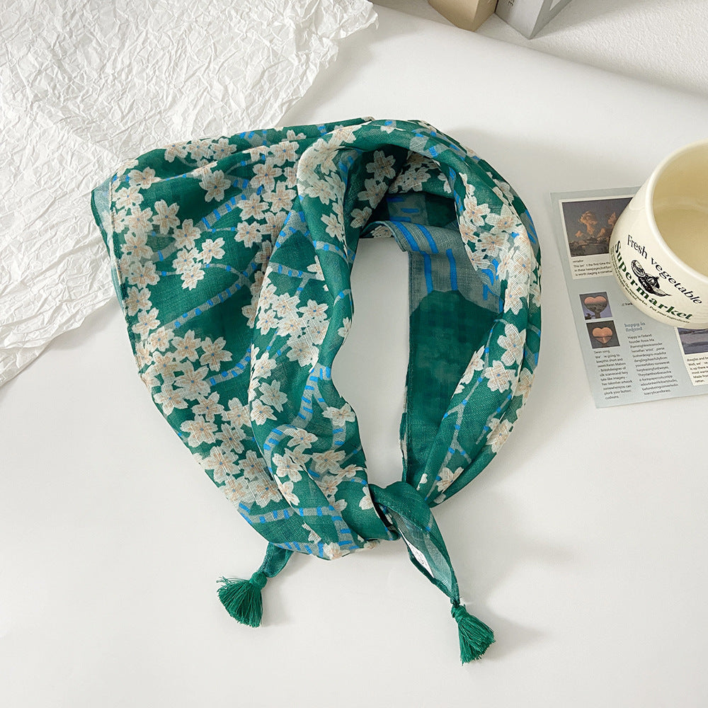 Tassel Trim Floral Bandana Head Scarf - C32