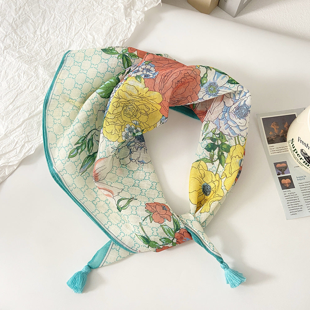 Tassel Trim Floral Bandana Head Scarf - C35