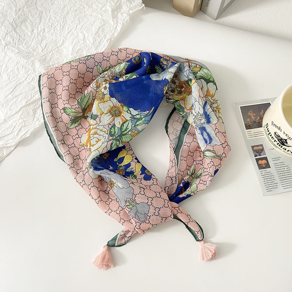 Tassel Trim Floral Bandana Head Scarf - C36