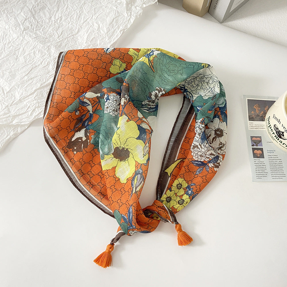 Tassel Trim Floral Bandana Head Scarf - C38