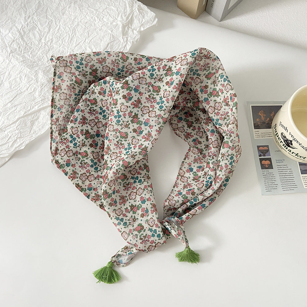 Tassel Trim Floral Bandana Head Scarf - C42