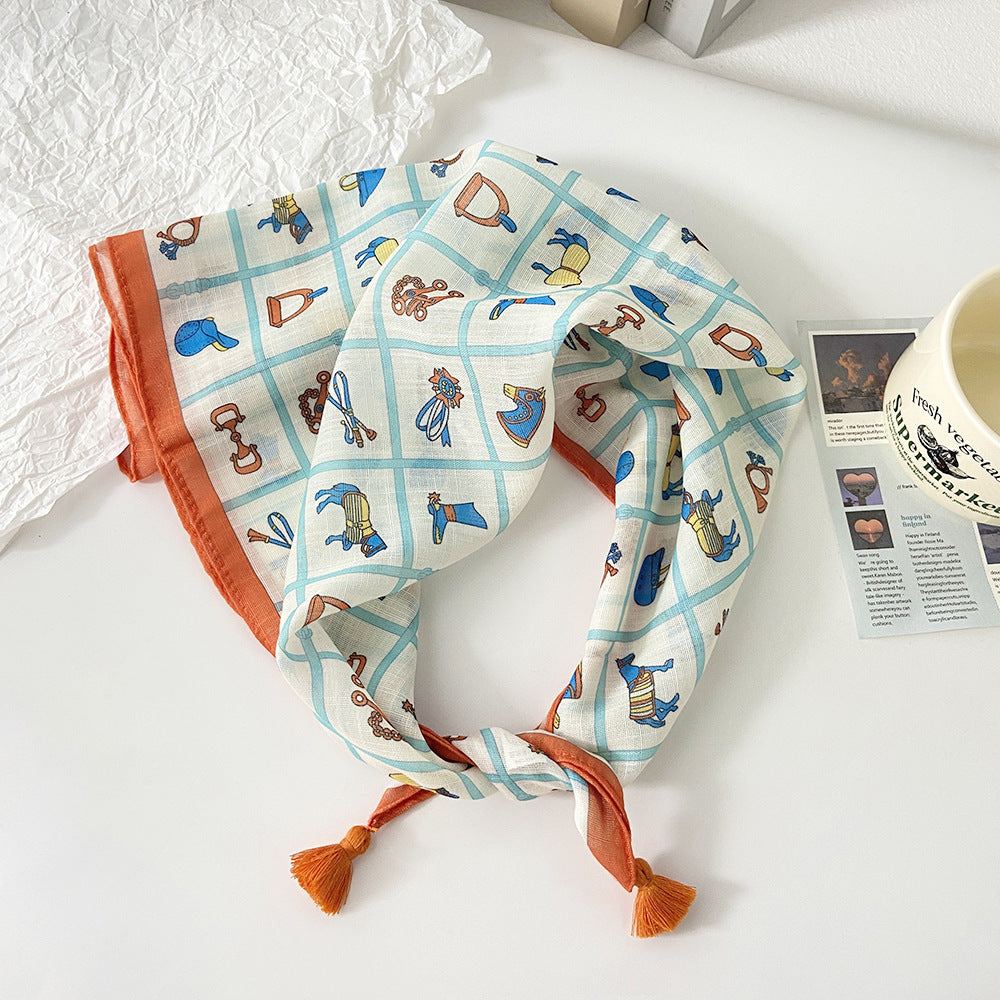Tassel Trim Floral Bandana Head Scarf - C43