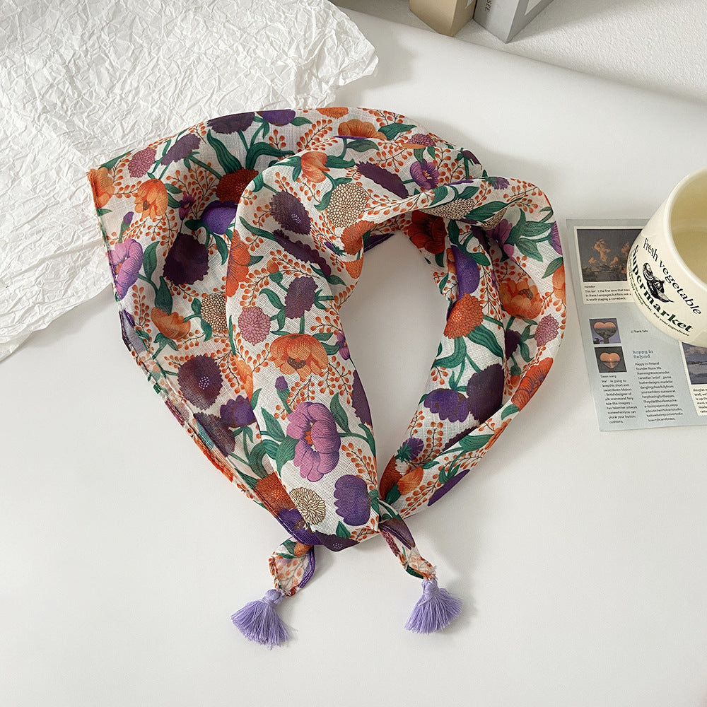Tassel Trim Floral Bandana Head Scarf - C48