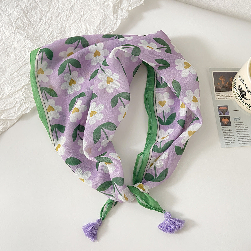 Tassel Trim Floral Bandana Head Scarf - C49