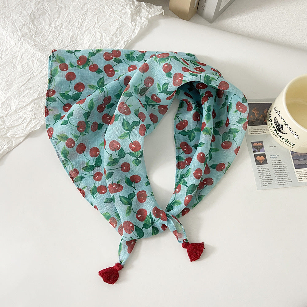 Tassel Trim Floral Bandana Head Scarf - C50