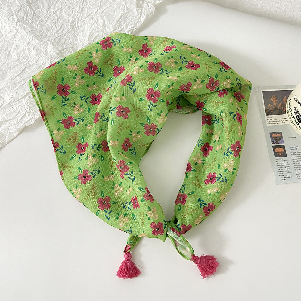 Tassel Trim Floral Bandana Head Scarf - C54