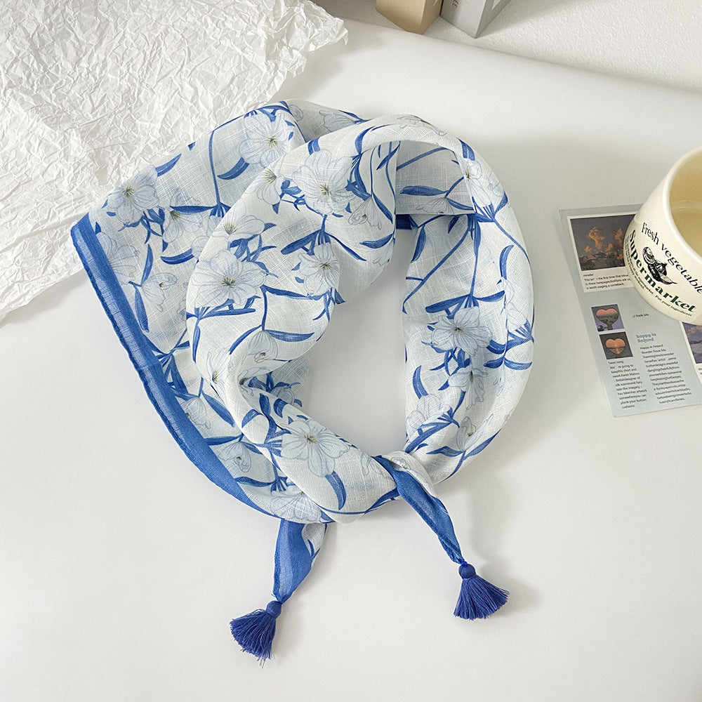 Tassel Trim Floral Bandana Head Scarf - C58