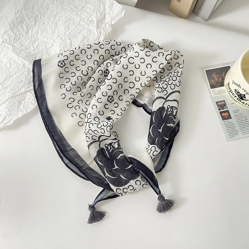 Tassel Trim Floral Bandana Head Scarf - C6