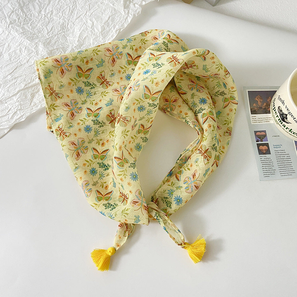 Tassel Trim Floral Bandana Head Scarf - C61