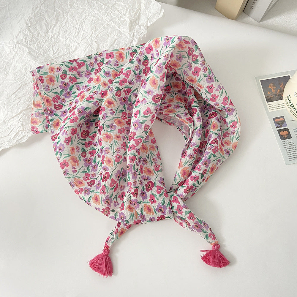 Tassel Trim Floral Bandana Head Scarf - C8