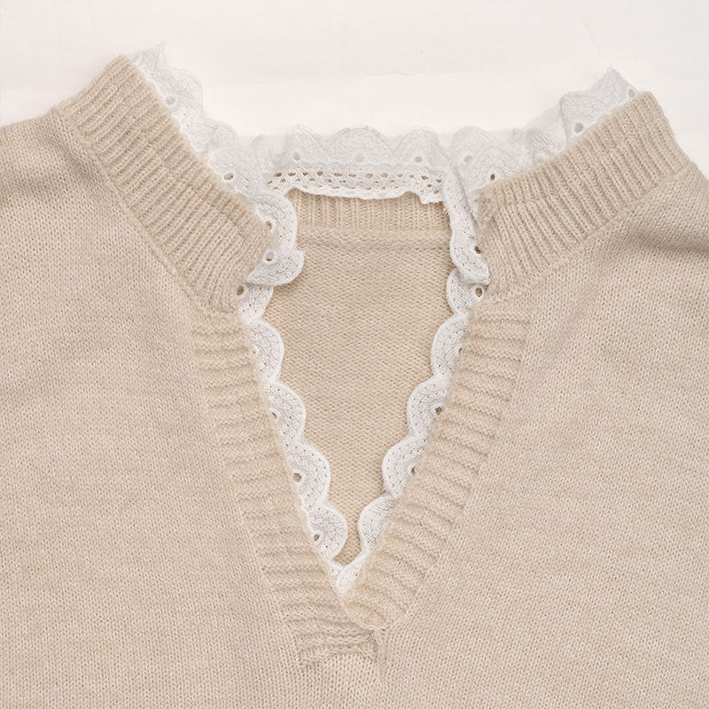 Heart Motif Lace Trim Knit Top - Khaki - 2