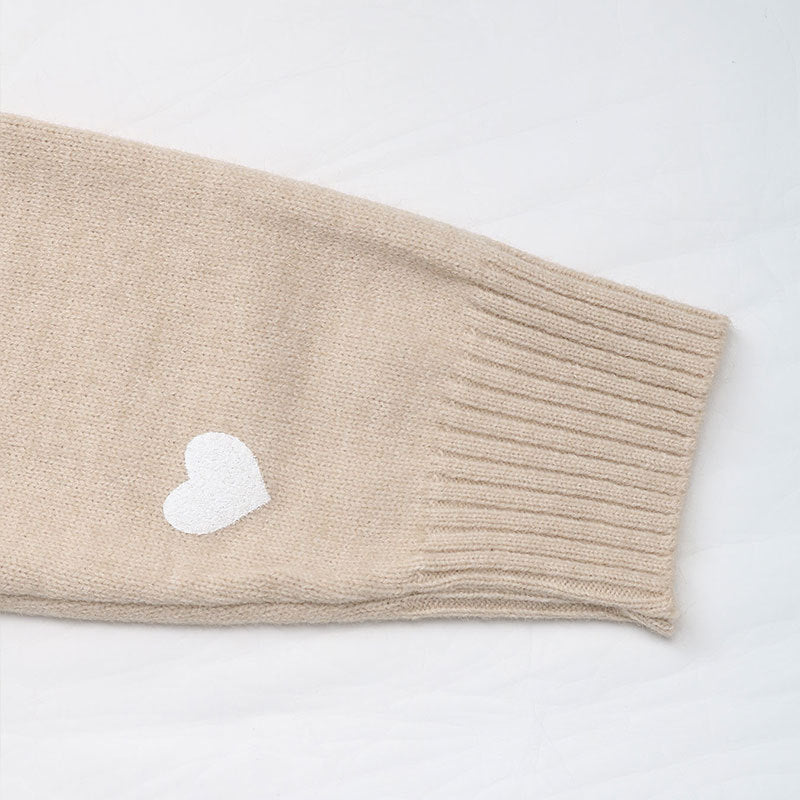 Heart Motif Lace Trim Knit Top - Khaki - 3