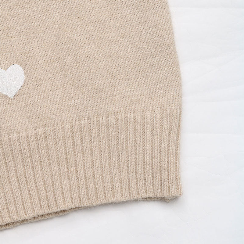 Heart Motif Lace Trim Knit Top - Khaki - 4