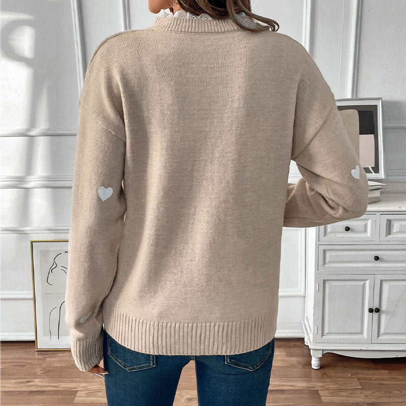 Heart Motif Lace Trim Knit Top - Khaki - 7