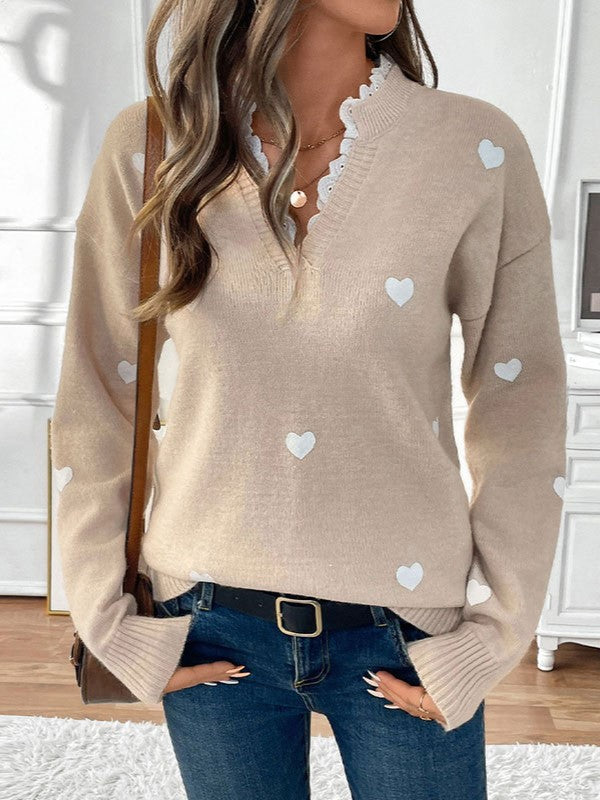 Heart Motif Lace Trim Knit Top