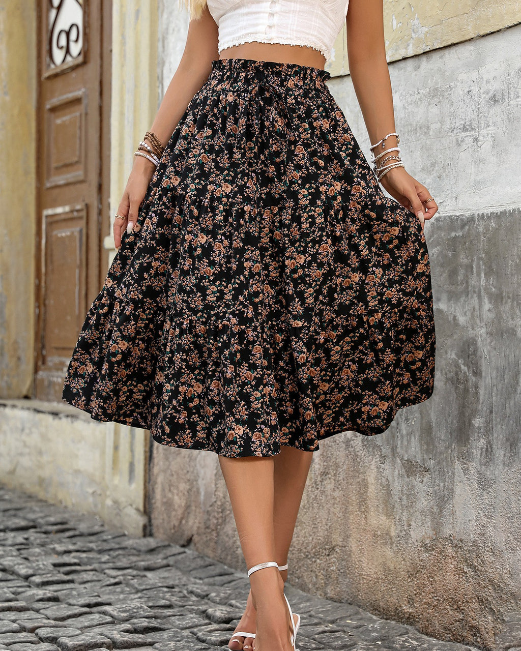 Ditsy Floral Tiered Midi Skirt - Black