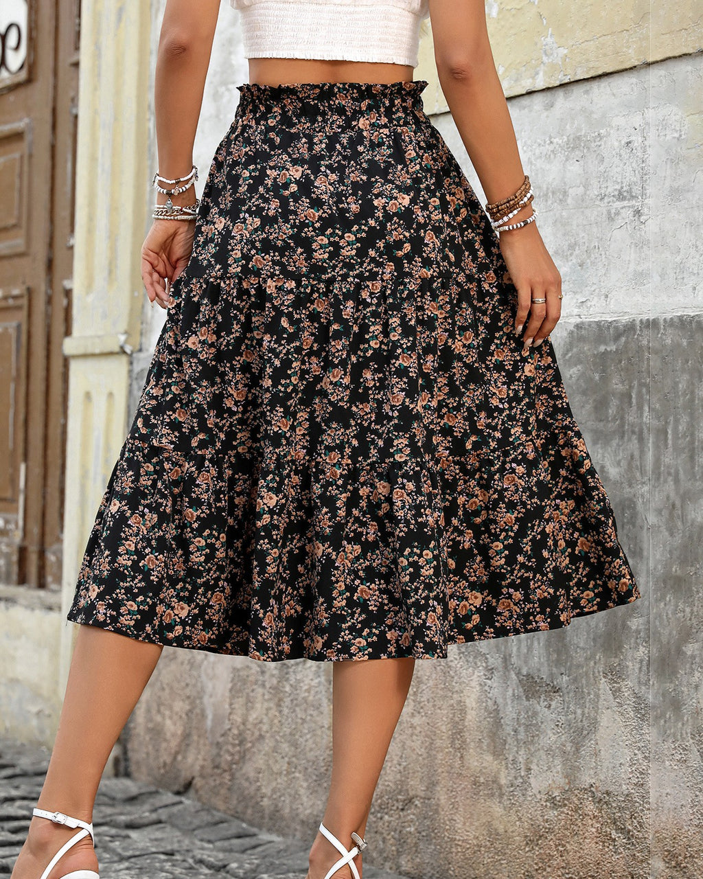 Ditsy Floral Tiered Midi Skirt - Black - 1